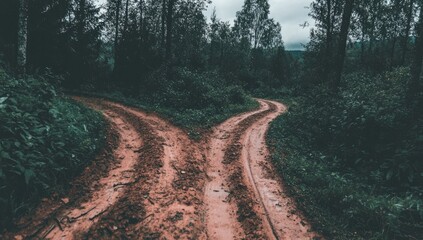 Two dirt roads diverge in a lush, dark forest.  Muddy paths wind through thick vegetation.  A sense of mystery and choice
