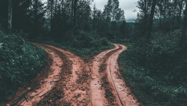 Two dirt roads diverge in a lush, dark forest.  Muddy paths wind through thick vegetation.  A sense of mystery and choice