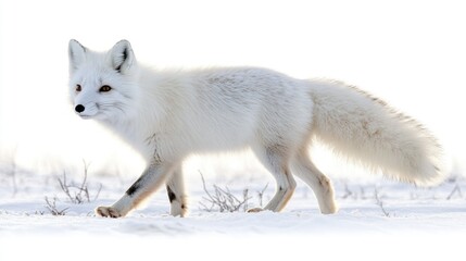 Naklejka premium Arctic fox walking in snowy landscape, winter wildlife