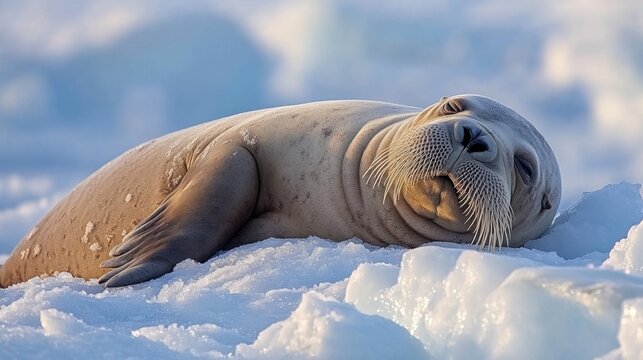 Arctic walrus resting on ice floe, sunset