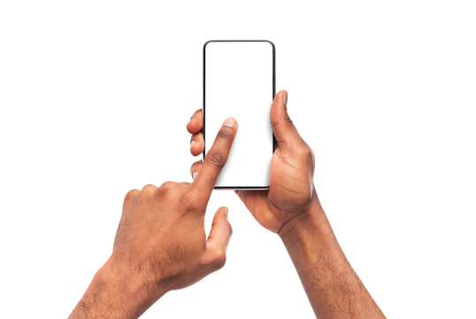 Black man's hands using smartphone with blank screen, isolated on white background, mockup
