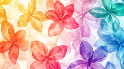 A lively assortment of translucent floral shapes creates an eye-catching display of colors, blending shades of orange, pink, purple, and green against a soft backdrop