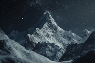 Majestic snow-capped mountain peak under a breathtaking starry night sky.