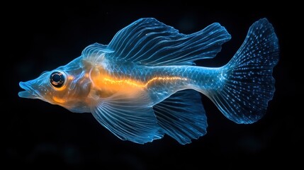 Bioluminescent fish swims in dark water