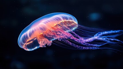 Bioluminescent jellyfish swimming, deep ocean, dark background, science education