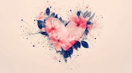 A heart design emerges from vibrant flowers and delicate leaves, combining soft pastel shades and abstract lines. This artistic display symbolizes beauty and affection
