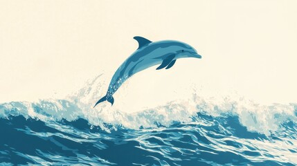 Fototapeta premium A playful dolphin soars above the azure waves, demonstrating agility and joy against a soft sunset backdrop. The tranquil waters reflect the vibrant colors of the sky