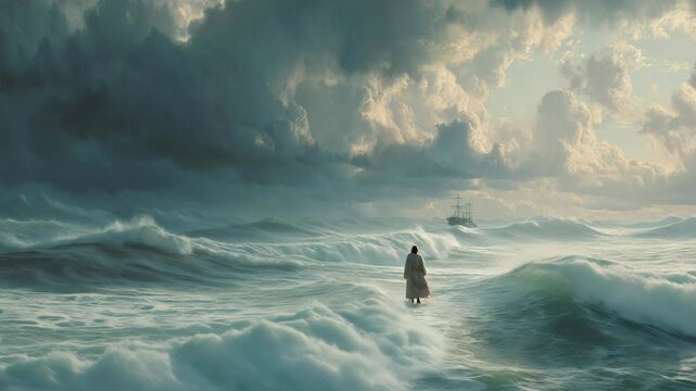 Jesus walks on water towards a boat amidst a stormy sea, demonstrating faith and miracles