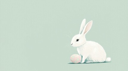 A fluffy white rabbit is positioned next to a pastel-colored egg, set against a soft green background. This charming scene captures the essence of spring festivities