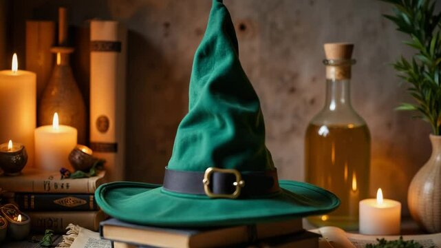 Green witch hat on books with candles and potion bottle.  Witchcraft hat accessory for halloween celebration.  Stylish green witch hat perfect for halloween decorations and mystical imagery.