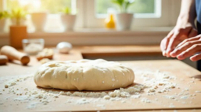 Homemade bread dough preparation on wooden table. Fresh dough ready for baking. Making bread is simple and enjoyable activity. Perfect image for cooking blogs and recipe websites.