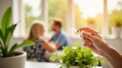 Vaccination shot preparation for senior couple. Nurse holds syringe ready for immunization. Preventive healthcare concept for elderly patients. Image suitable for medical brochures and vaccination c - Powered by Adobe