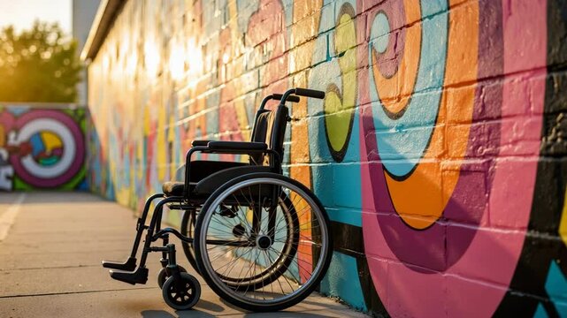 Colorful wheelchair against a vibrant graffiti wall at sunset  