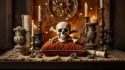 Skull on Pillowed Altar with Candles and Decorative Artifacts   - Powered by Adobe