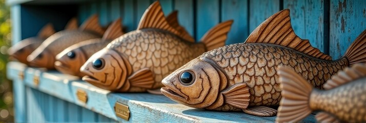 Row of wooden fish sculptures on blue shelves outdoors