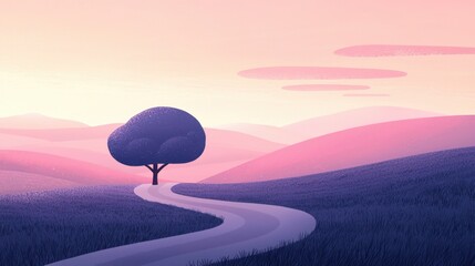 A tranquil landscape showcases a winding path that curves through gently rolling hills at sunset. A lone tree stands prominently against a pastel sky, creating a peaceful atmosphere