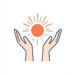 Two hands are raised, gently holding or embracing a bright, radiant sun on a white background.