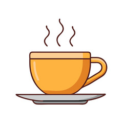 Vector illustration of a steamy yellow coffee cup on a saucer for cafe and restaurant use