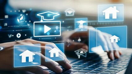 Close-up of hands typing on a laptop against a dark background. Digital icons of a graduation cap and other academic symbols overlay the scene, depicting online education and digital learning. - Powered by Adobe