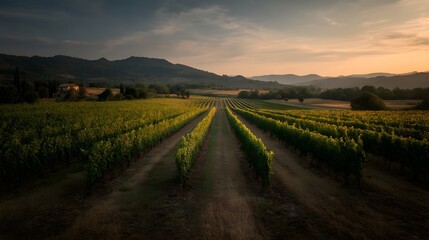 Fototapeta premium Italian Vineyard Landscape Golden Hour Scenic Vista Rolling Hills Grape Vines Wine Country Charm Tranquil Rural Scene Picturesque European Travel Destination Agricultural Heartland 