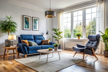 Fototapeta premium Scandinavian Living Room Design: Cozy Recliner & Dark Blue Sofa Interior