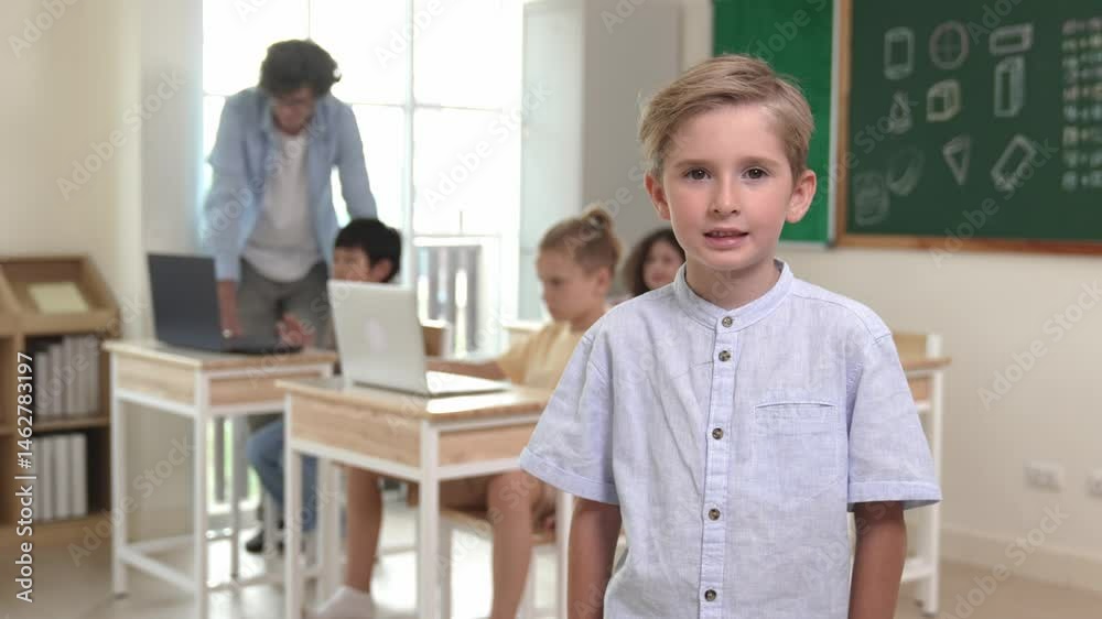 Poster caucasian cute student looking at camera while friend studying about writing engineering code or cod