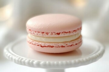 Fototapeta premium A delicate pink macaron with creamy white filling sits on a white cake stand, a sweet and elegant treat.