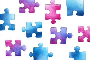 Fototapeta premium Colorful Watercolor Puzzle Pieces - A cheerful featuring scattered watercolor puzzle pieces in shades of pink and blue, perfect for projects related to solutions, teamwork, or creativity
