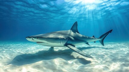 Fototapeta premium Caribbean reef shark swimming, sunlit shallows, white sand