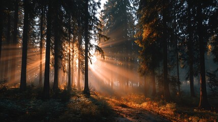 Obraz premium Sunny rays through woods. Dense trees and foliage