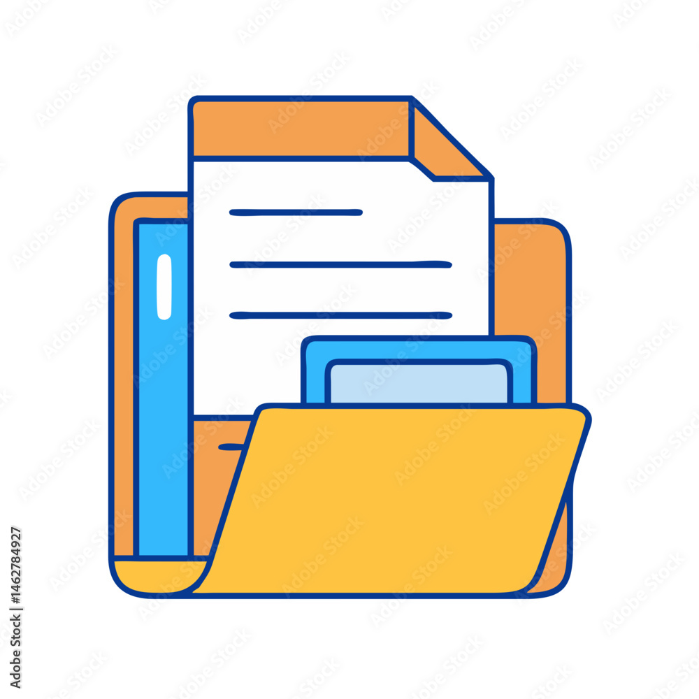 Poster illustration of a file folder with documents for data management and information storage use
