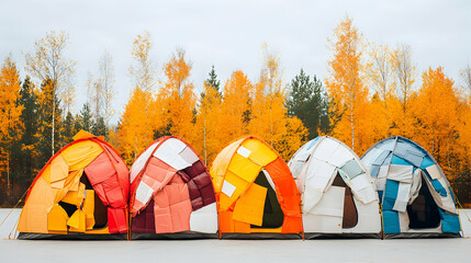Five colorful tents stand against a stunning autumn forest backdrop. Ideal for nature photography or camping advertisements showcasing vibrant fall scenery.