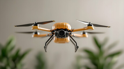 An advanced orange drone with a camera is shown hovering mid-air, ready for aerial photography or videography. Ideal for capturing unique perspectives and showcasing modern technology.
