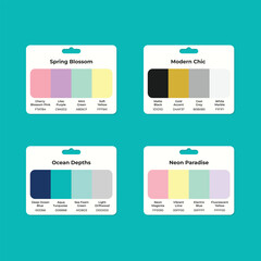 Color Palette Collection Featuring Spring Blossom, Modern Chic, Ocean Depths, and Neon Paradise