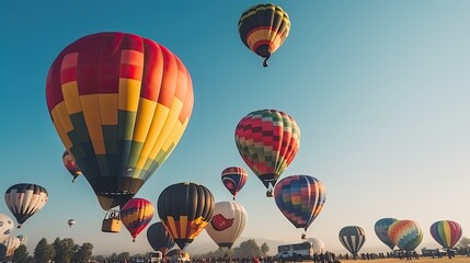 Obraz premium Colorful hot air balloons in the sky during a summer festival, clear weather, joyful tone 