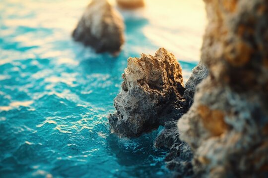 Rocky outcrop in turquoise sea, bathed in golden sunlight. Serene coastal scene. - Powered by Adobe