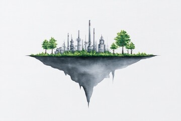 Floating City Watercolor - A utopian vision: industry, nature, harmony, sustainability, future. Symbolize progress, balance, innovation, environmentalism, hope