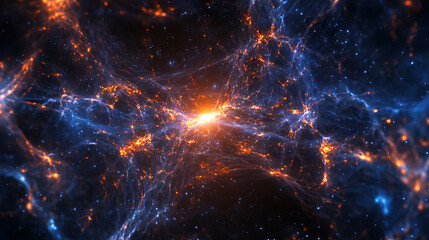 Stunning cosmic scene depicting vibrant nebula filled with glowing threads of energy and light. intricate patterns of dark matter and bright stars create mesmerizing view of universe