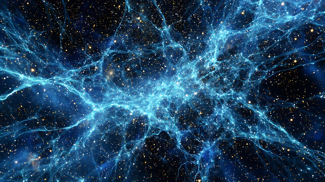 Cosmic network glowing threads dark matter starry background blue hues vast universe celestial patterns ethereal light space exploration infinite cosmos