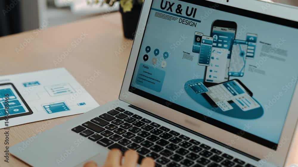 Fototapete Panorama video of startup UX developer or company employee using laptop design user interface or UI prototype for mobile application or website software with software display on smartphone. Synergic