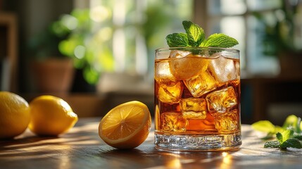 A close-up view of a cold glass of iced tea with lemon slices and fresh mint leaves on a sunny table in a cozy home interior.