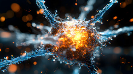 Dynamic abstract representation of a glowing core with intertwining blue fibers symbolizing neural activity and technological connectivity great for science and AI visuals