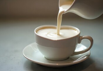 Milk pouring into a heart shaped cup - artistic photo with focus on the liquid stream	