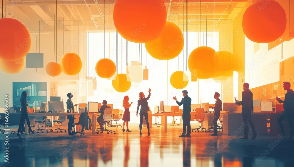 Aufkleber team members engage in a brainstorming session in a brightly lit modern office with colorful decor a
