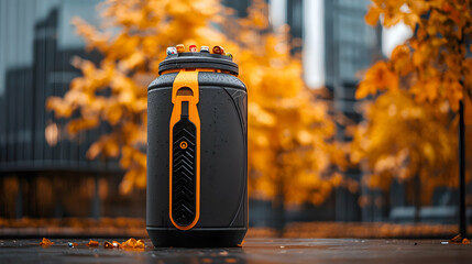 A robust black and orange container sits amidst autumn foliage and cityscape. Ideal for outdoor adventures or urban hydration keeping drinks cool on a crisp day.