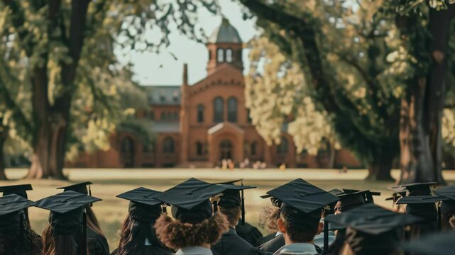 A group of graduates in academic dress is seen from the back, facing a classic collegiate building on a green lawn, symbolizing accomplishment and future aspirations.