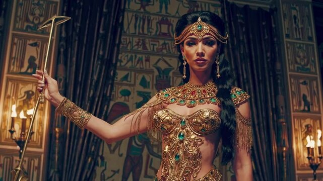 A regal figure in ornate gold attire stands confidently, holding a staff. The video captures her from a low angle, emphasizing her power and elegance.