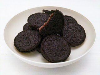 chocolate cookies on white background