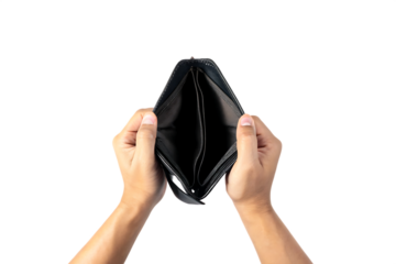 empty black wallet in male hands isolated on white background PNG