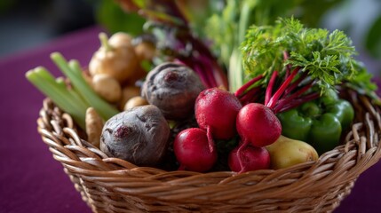 Close-up of basket filled with seasonal local produce for fresh garden-to-table inspiration